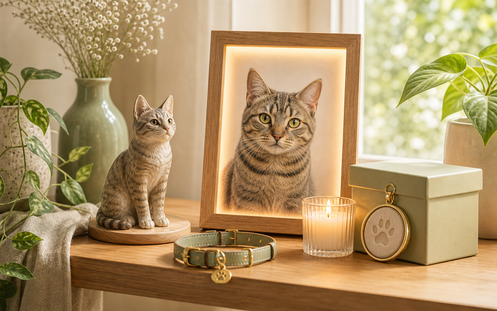cat memorial shelf ideas with photo collar candle and keepsake box