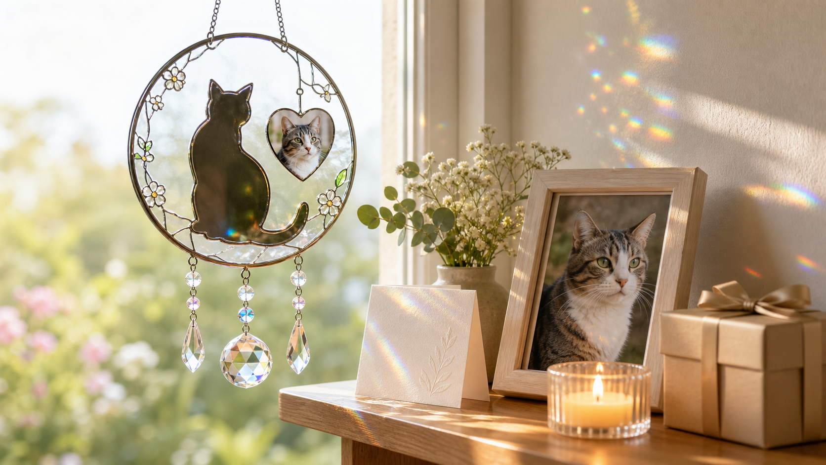 cat memorial suncatcher hanging in a sunny window with cat photo candle sympathy card and gift box