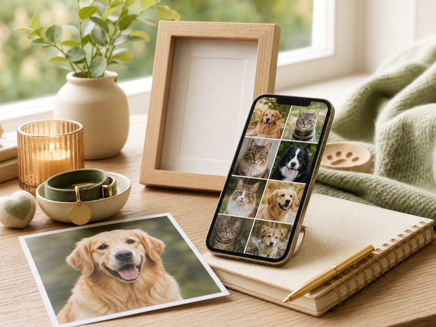 how to choose a pet portrait photo with phone gallery, printed dog photo, frame, and keepsake items