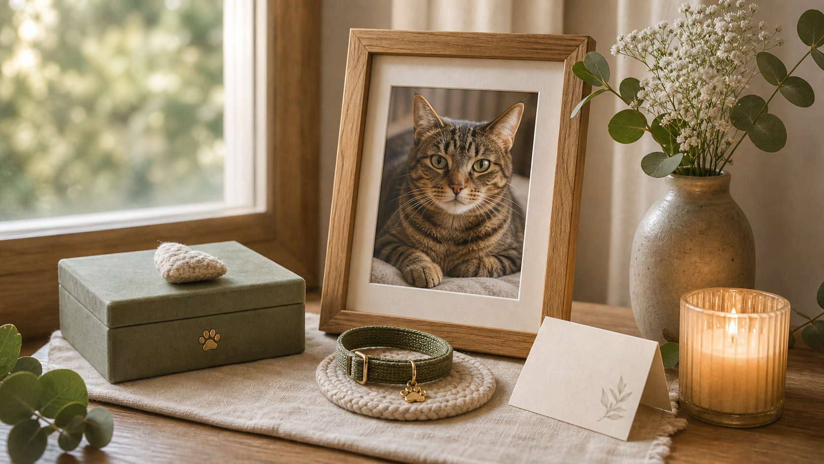 how to remember a cat after death with cat photo collar candle and keepsake box on a window shelf