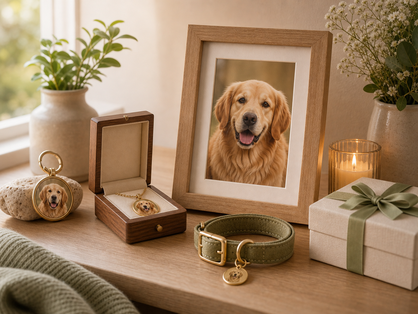 personalized dog memorial gifts with photo frame, keychain, jewelry, collar, candle, and gift box