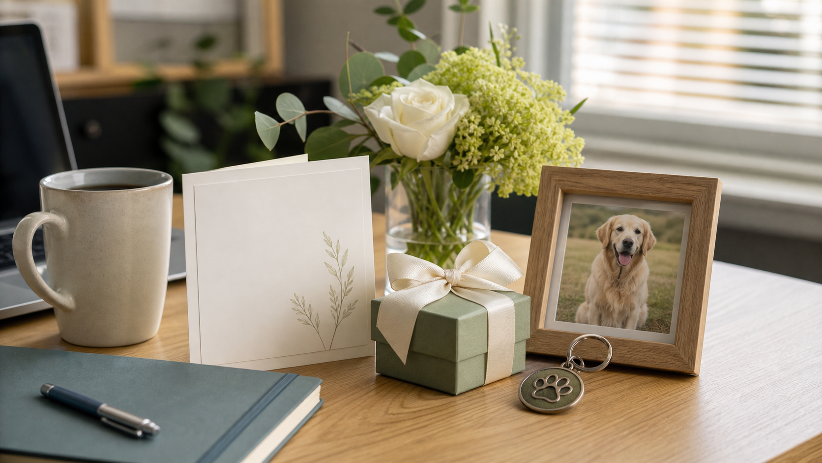 pet loss gift for coworker with sympathy card office desk flowers gift box dog photo frame and keychain