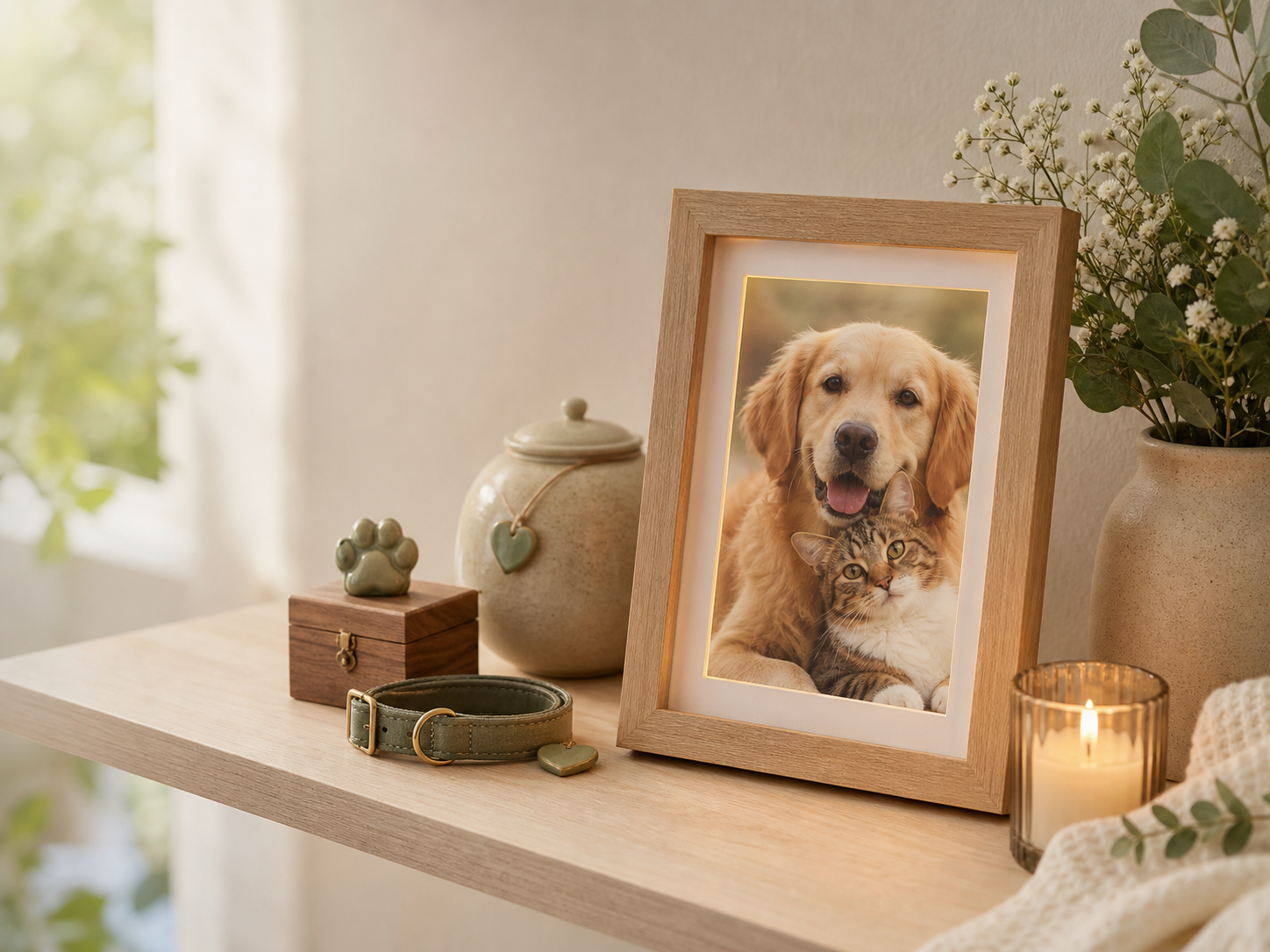 pet memorial frame ideas with dog and cat photo, collar, candle, and keepsake box