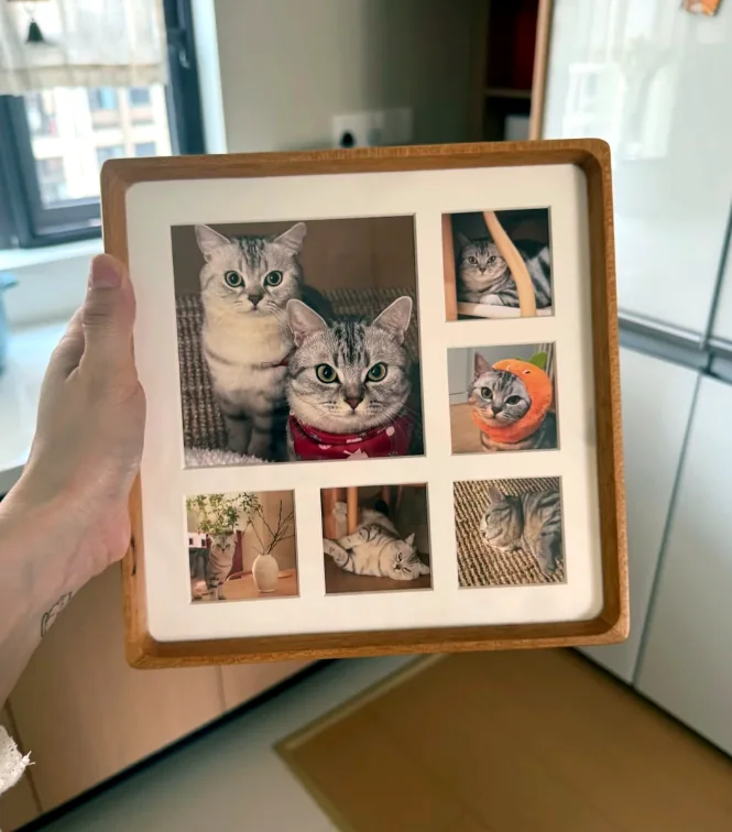 hand holding a wood framed cat photo collage keepsake