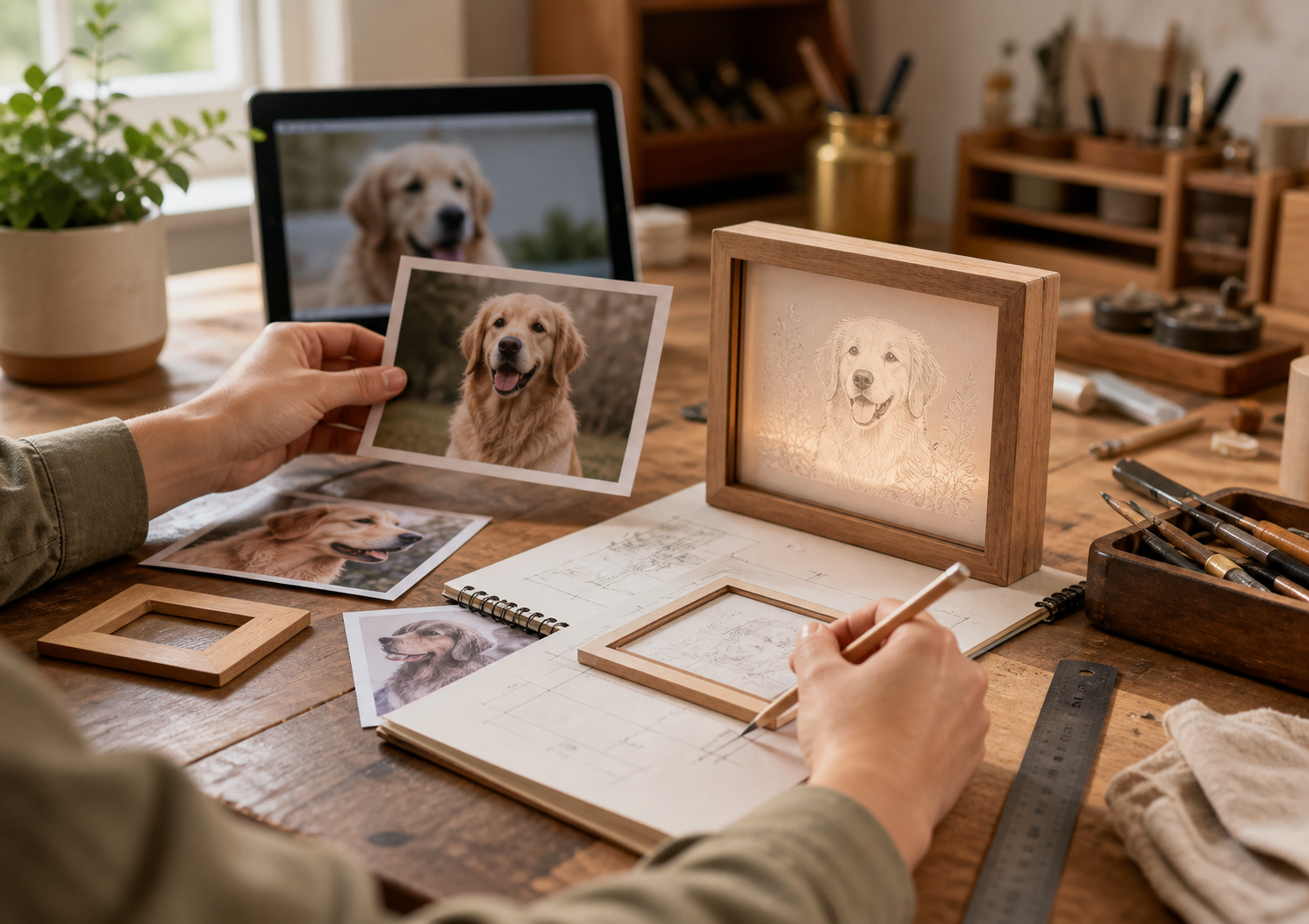 studio photo review process comparing pet photo with personalized memorial keepsake layout