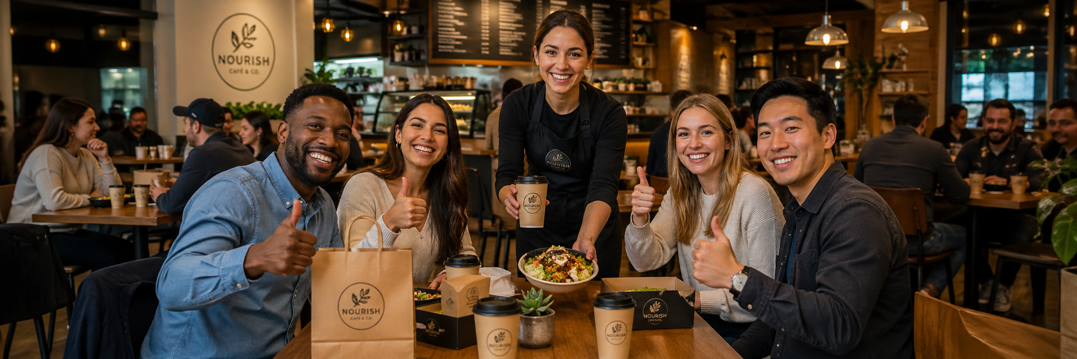 Happy restaurant customers with custom branded packaging